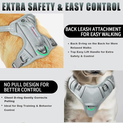 BARKBAY No Pull Dog Harness Large Reflective Dog Harness with Front Clip and Easy Control Handle for Walking Training Running with ID tag Pocket(Grey,XS)