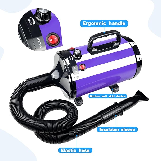 High Velocity Professional Dog Grooming Dryer,Adjustable Temperature and Speed Hair Dryer for Pets with 4 Nozzles