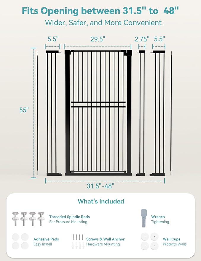 No Pawblems 55" Extra Tall Pet Gate for Cat/Dog, 31.5-48" Wide Auto Close Tall Cat Gate with 25.6" Wide Walk-Thru Door Opening, 1.37" Ultra Narrow Spacing, NO Drilling Pressure Mounted, Black