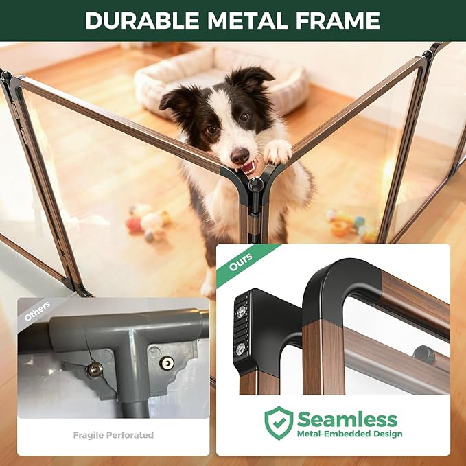 FXW AuraSpace Pro Acrylic Indoor Dog Playpen, Heavy-Duty with Metal Frame, 32" Height 6 Panels for Small and Medium Dogs, Walnut│Patented