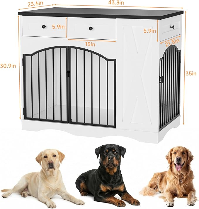 43.3" Furniture Style Dog Crate with 3 Storage Drawers, Heavy Duty Wood Pet Kennel with Removable Feeder, Modern End Table Dog House with Dual Doors for Large Dogs (41-70 lbs) (Black)