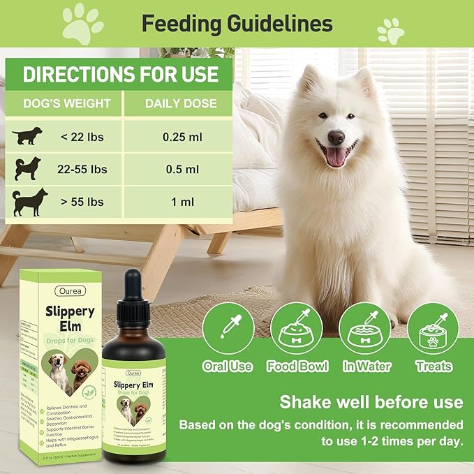 Slippery Elm for Dogs, Organic Herbal Digestive Support Drops for Dog Diarrhea Constipation Sensitive Stomach Acid Reflux, Promotes Healthy Digestion Bowel Function, Liquid Formula for All Breeds