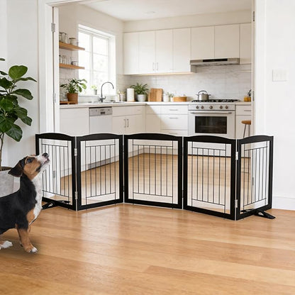 ZJSF Freestanding Dog Fence Indoor, Foldable Dog Gate for Doorways, Stairs or Hallways, Sturdy Wood Extra Wide Pet Gate with Support Feet for The House, Black, 24 "Height-6 Panels