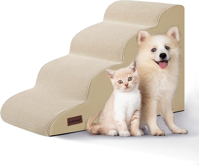 Aodisman 4-Step Dog Stairs and Ramp for Beds or Couches,Non-Slip Sturdy Pet Steps for Small Dogs and Cats,17.4" H,Beige