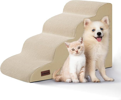 Aodisman 4-Step Dog Stairs and Ramp for Beds or Couches,Non-Slip Sturdy Pet Steps for Small Dogs and Cats,17.4" H,Beige
