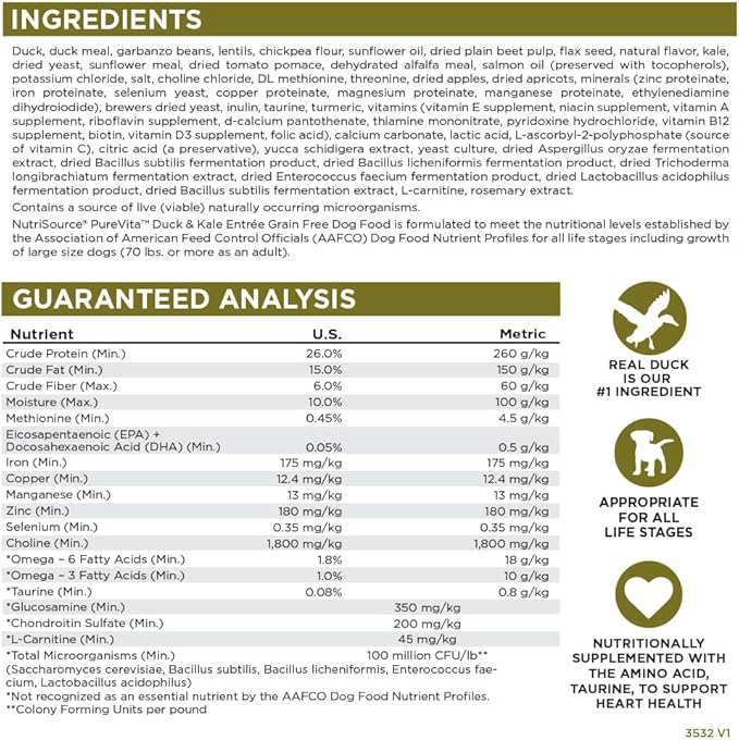 NutriSource Pure Vita Grain Free Duck & Kale Dog Food, 4LB