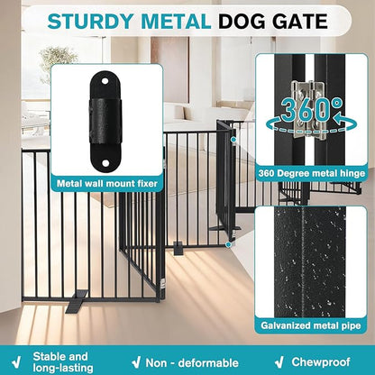 Snagle Paw Extra Wide Dog Gate,Free Standing Dog Fence with Door, Up to 208 Inch Wide Pet Gate with Support Feet for Stairs, Hallways, Doorways, Yard (Black, 8 Panels)