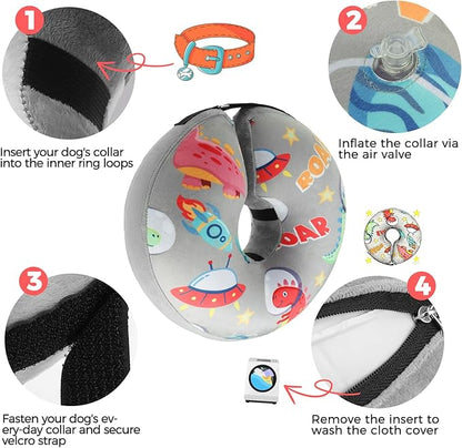 PAWCHIE Inflatable Dog Cone Collar Alternative, Soft Dog Cone for Medium to Large Dogs After Surgery, Adjustable Neck Recovery E-Collars Donut Collar with Cute Dinosaur Prints, Grey XL