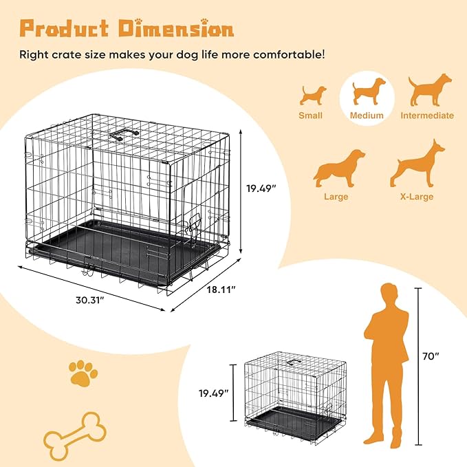 Dog Crate - 30 Inch Single Door Portable Puppy Dog Cage, Metal Wire Pet Kennel with Secure Lock, Leak-Proof Pan Tray, Foldable Design for Dogs Pets Indoor Training and Outdoor Trave