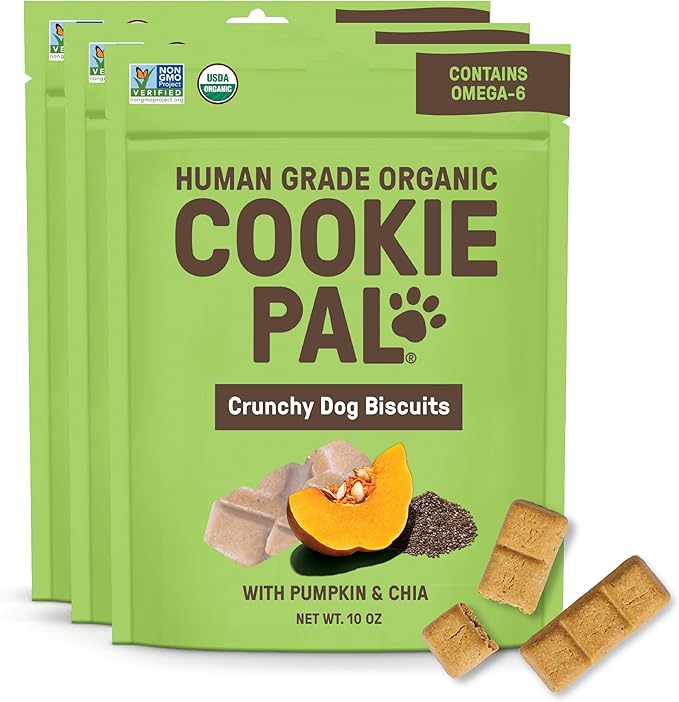 CookiePal Pumpkin Dog Treats with Chia, Human Grade USDA Organic Dog Training Treats, Crunchy Natural Puppy Training Biscuits, 10oz (Pk of 3)
