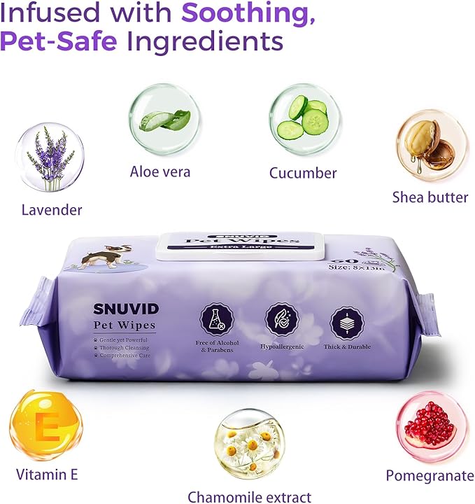 Extra Large 8“ x 13" Dog Wipes, Hypoallergenic, Lavender Scented, Plant-Based Grooming Wipes for Deodorizing & Hydrating Paws, Body, Butt, Ears & Coat - 360 Count