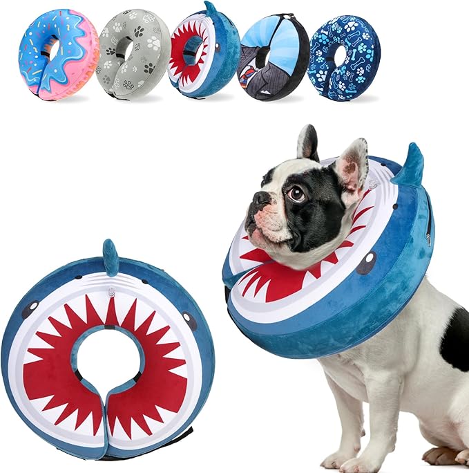 SCENEREAL Dog Cone Alternative After Surgery Pet Recovery Collar for Small Medium Large Dogs Cats, Adjustable Inflatable Donut to Prevent Licking, Shark Print E-Collars