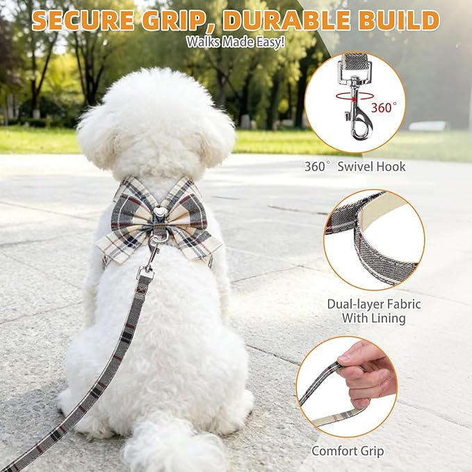 KOOLTAIL Small Dog Harness and Leash Set, Cute Puppy Vest Harnesses with Bowtie, Step in No Pull Soft Mesh Padded Adjustable Plaid Pet Harness for Extra-Samll Medium Dogs Cats, Boy Girl, XS-M, Beige S