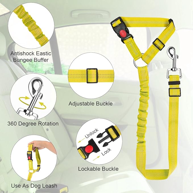 BWOGUE Pet Dog Cat Seat Belts, Car Headrest Restraint Adjustable Safety Leads Vehicle Seatbelt Harness (1 Pack, Yellow, Elastic)