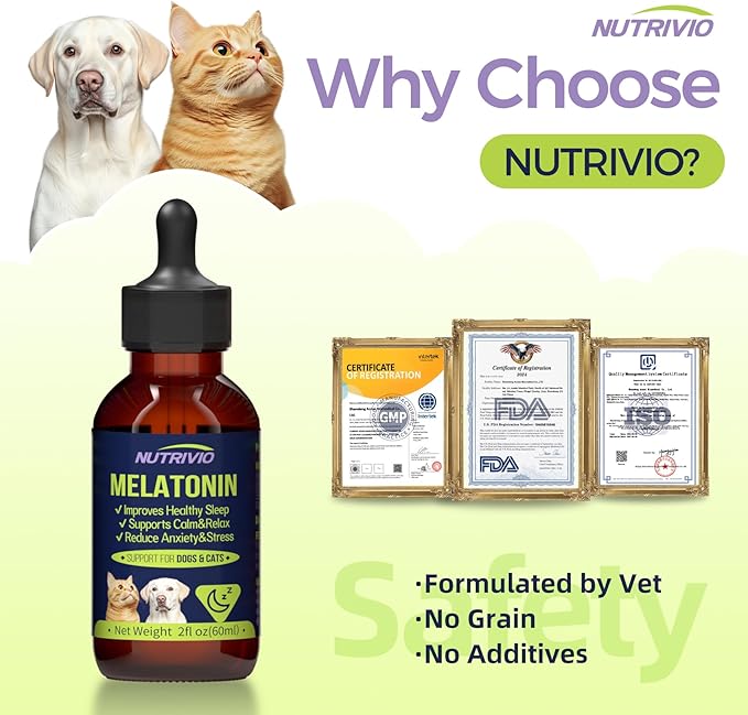Liquid Melatonin for Dogs and Cats, Cat Melatonin, Dog Sleep Aid, Dog Anxiety Relief, Calming Behavior in Pets, Helps Restful Sleep, Small & Large Dogs, Bacon Flavor (60ml)