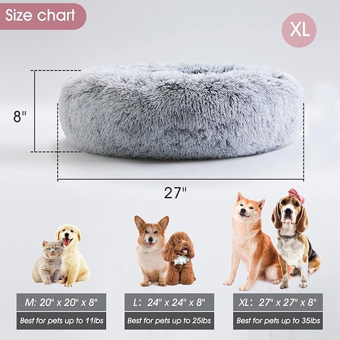 WESTERN HOME WH Calming Dog & Cat Bed for Small Medium Sized, Round Donut Washable Medium Dog Beds, Self Warming Fluffy Anti-Slip Indoor Cat Dogs Bed for Pet up to 35 lbs (27 Inches, Light Grey)