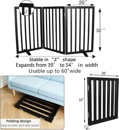 Dog Gate Indoor, Freestanding Dog Fence for The House, Doorways, Hallways,or Stairs,Pet Gate Foldable Wooden,Expandable 32" Height 3 Panels,Black