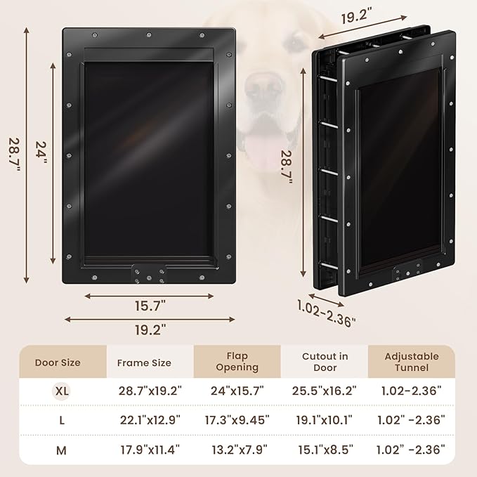 XL Dog Door for Door, Never Rust Plastic Extra Large Doggy Door for Interior and Exterior Doors, X Large Pet Door with 2 Magnetic Flaps, Insulated Flap, Closing Panel, Dog Doors for Pets Up to 220 LB