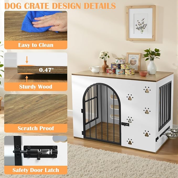 32" Dog Crate Furniture for Small Medium Dogs, Heavy Duty Wood Metal Indoor Dog Kennel with Bowls, Decorative Pet Cage Dog House as TV Stand, White & Wood