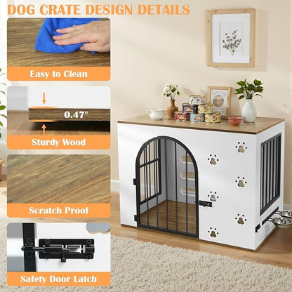 32" Dog Crate Furniture for Small Medium Dogs, Heavy Duty Wood Metal Indoor Dog Kennel with Bowls, Decorative Pet Cage Dog House as TV Stand, White & Wood