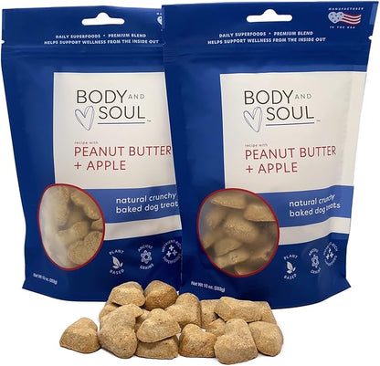 Body and Soul Peanut Butter + Apple Crunchy Premium Training Dog Treat Superfood Oven Baked Biscuits Oats Barley & Quinoa, Clean Natural Plant Protein, No Additives No Fillers Made in USA 2Pk (20oz)