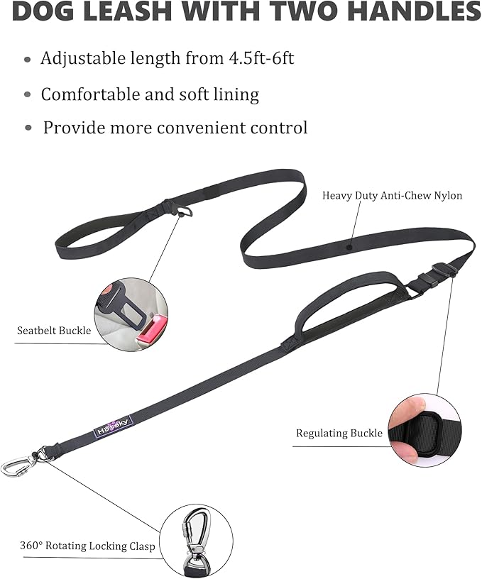 Hotsky Heavy Duty Dog Leash with Two Padded Handles,4.5-6 FT Adjustable Nylon Seatbelt Dog Leash with Traffic Handle and Carabiner for Large Medium and Small Breed Dogs that Pull,Black