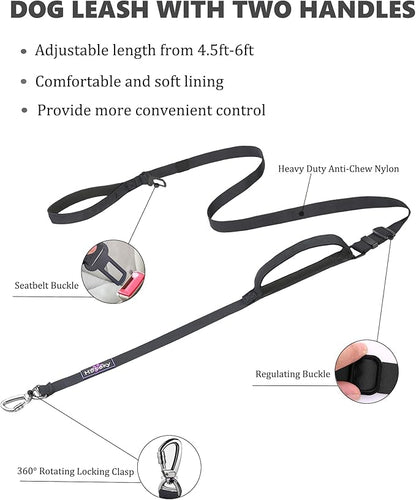 Hotsky Heavy Duty Dog Leash with Two Padded Handles,4.5-6 FT Adjustable Nylon Seatbelt Dog Leash with Traffic Handle and Carabiner for Large Medium and Small Breed Dogs that Pull,Black
