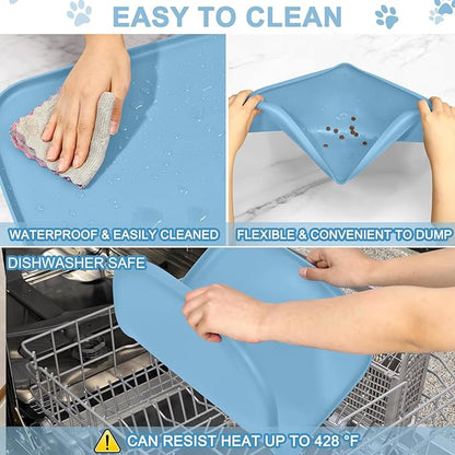 Smilool Silicone Pet Food Mat with Raised Edge for Food and Water Bowl, Dog Feeding Mats, Cat Food Trays for Floor Waterproof, Rubber Tray for Dogs and Cats, 22 x 14 x 0.8 Light Blue