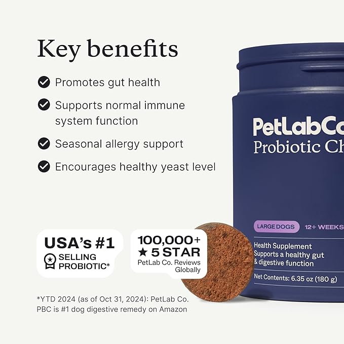 PetLab Co. Probiotics for Dogs - Support Gut Health, Occasional Diarrhea, Digestive Health, Paw Licking & Seasonal Allergies - Pork Flavor - 30 Soft Chews - Formulated for Large Dogs