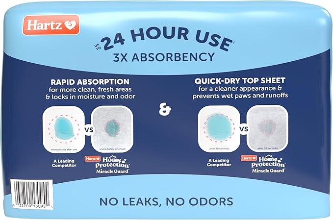 Hartz Miracle Guard Dog and Puppy Dog Pads Max Absorbency 24 Hour Use Odor Eliminating No Leaks, Regular Size 25 Count