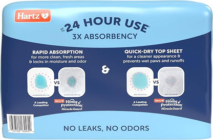 Hartz Miracle Guard Dog and Puppy Dog Pads Max Absorbency 24 Hour Use Odor Eliminating No Leaks, Regular Size 25 Count