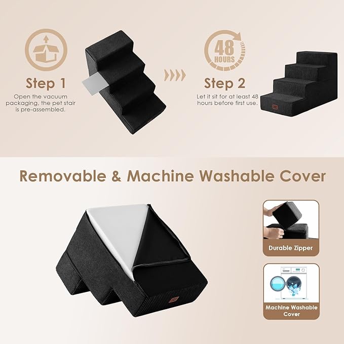 EHEYCIGA Dog Stairs for Bed 20" H, 4-Step Extra Wide Dog Steps for High Bed, Pet Steps for Small Dogs and Cats, Non-Slip Balanced Pet Ramp Indoor, Black