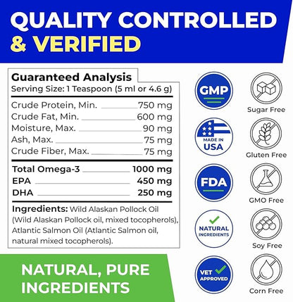 PAWFECTCHEW Fish Oil for Dogs - Natural Omega-3 - Skin & Coat Support - Liquid Food Supplement for Pets - Natural EPA + DHA Fatty Acids for Joints, Immune & Heart Health 16 fl oz