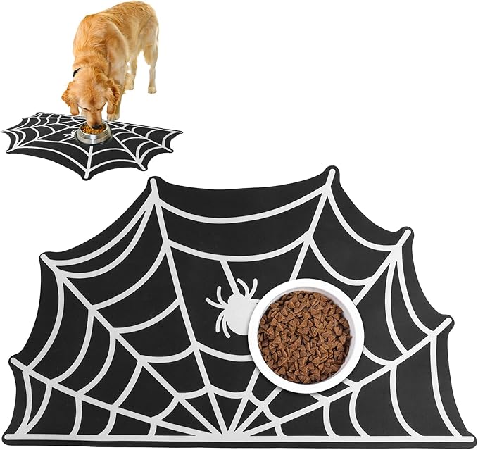 Dog Cat Food & Water Mat, Spider Web Pet Feeding Mat for Floor Non-Slip Waterproof, Super Absorbent Quick Dry Placemat Pet Food Bowl Mat, Halloween Decor, Pets Accessories Indoor (20 * 32 in)