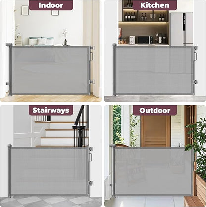 Retractable Baby Gate for Stairs, 55" Wide Mesh Dog Gate Indoor, 34" Tall Child Gate for Doorways, Hallways, Deck, Indoor Outdoor Pet Baby Safety Essentials for Home, Grey