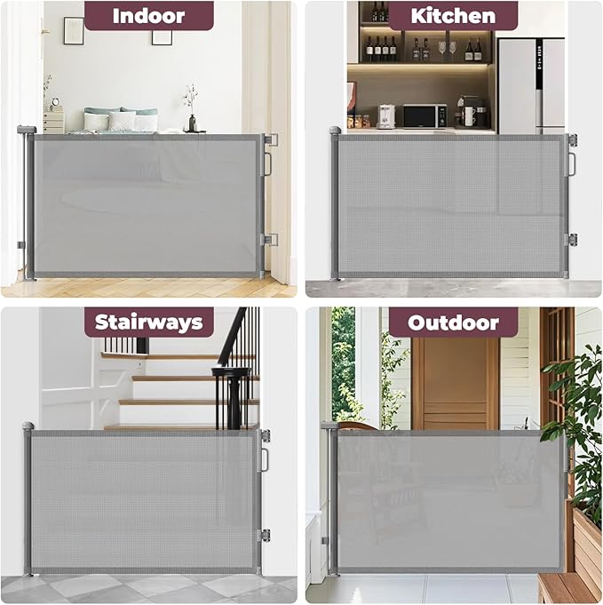 Retractable Baby Gates 2 Pack, 55" Wide Mesh Dog Gate Indoor, 34" Tall Gate for Stairs Doorways Hallways Deck, Child Pet Safety Gate for Indoor Outdoor Home Use, Grey