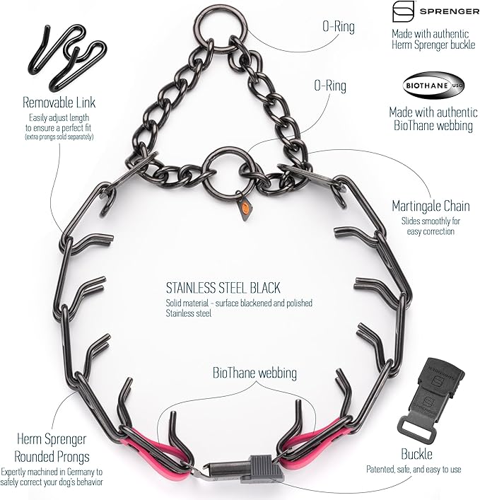 Herm Sprenger Black Stainless Steel Dog Collar with Quick Release ClicLock Buckle O-Ring Biothane Insert Training Collar Made in Germany (Passionfruit Pink, 25in x 4.0mm(Neck Size up to21-22in))