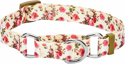 Blueberry Pet Spring Scent Inspired Rose Print Martingale Safety Training Dog Collar, Ivory, Medium, Heavy Duty Adjustable Collars for Dogs