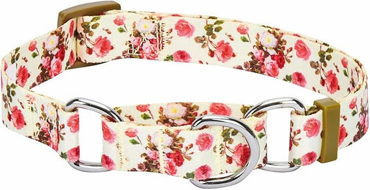 Blueberry Pet Spring Scent Inspired Rose Print Martingale Safety Training Dog Collar, Ivory, Medium, Heavy Duty Adjustable Collars for Dogs
