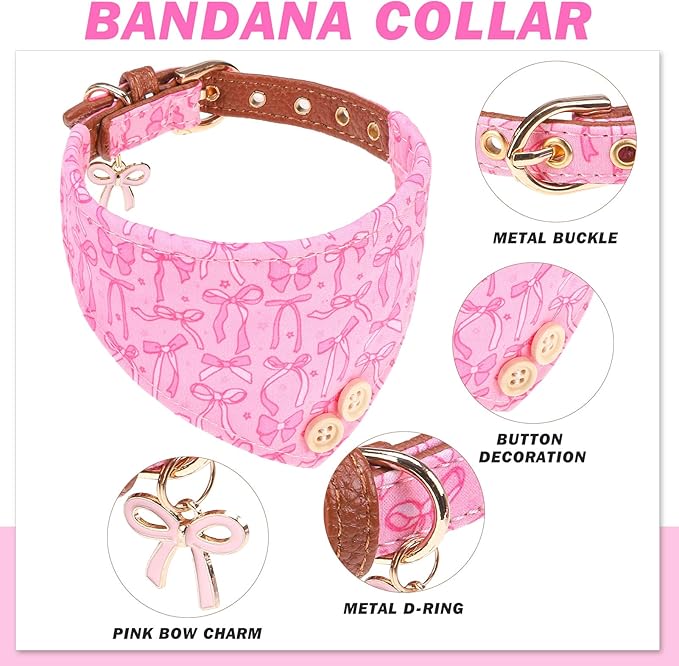 EXPAWLORER Dog Collar and Leash Set - Pink Bowknot Dog Bow Tie and Dog Bandana Collar with Bell, Dog Leash Tangle Free, Adjustable Collars for Small Medium Large Dogs Cats, Holiday Ideal Gift, S