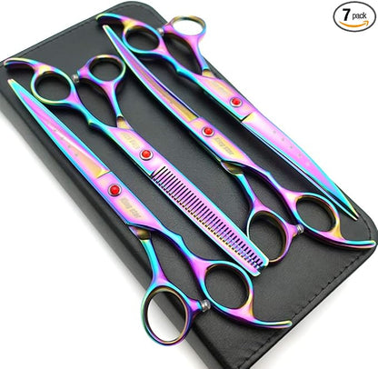 KINGSTAR 7.0in Titanium Rainbow Professional Pet Grooming Scissors Set,Straight & Thinning & Curved Scissors 4pcs Set for Dog Grooming,(Rainbow)