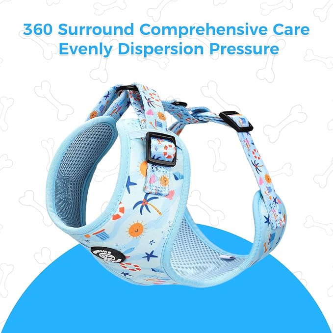 Dog Harness and Leash Collar Set with Dog Poop Bag Holder and Bandanas, Escape Proof Adjustable Puppy Cat Vest with Soft Mesh Padded, Pet Supplies for Small Medium Large Dogs Kitten(Blue Beach, M)