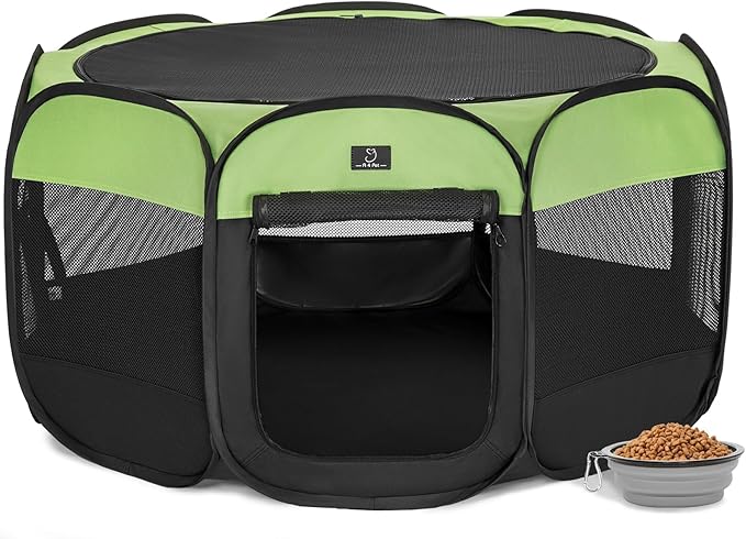 Dog Playpen for Small Dogs & Puppies, 40.55" Portable Indoor Outdoor Puppy Playpen with Bowl, Waterproof Floor, Foldable Pop-Up Pet Pen for Home, Travel & Daily Use, Green+Black