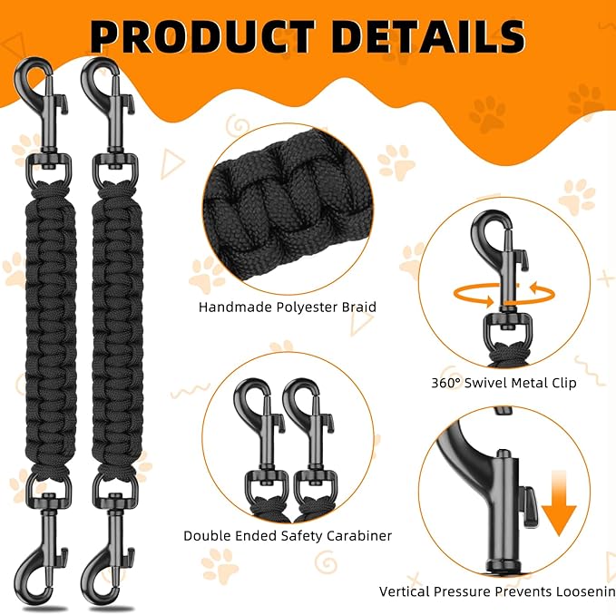 YUEPET 2 Pack Handmade Weaved Dog Collar Safety Clip Heavy Duty Double Ended Backup Safety Straps Dog Harness Connector for Prong Collar, Pinch Collar, Gentle Lead with Carabiner (8.3''，Black)
