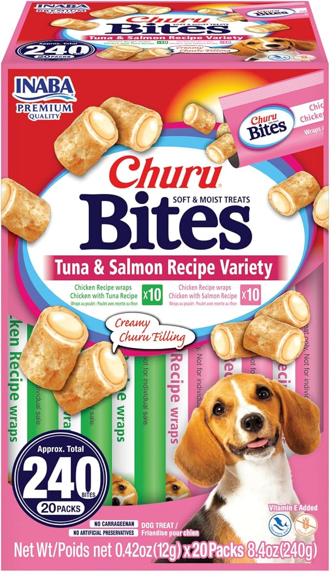 INABA Churu Bites for Dogs, Soft & Chewy Dog Treats with Vitamin E, 0.42 Ounces Each Tube, 20 Tubes, Tuna & Salmon Variety Box