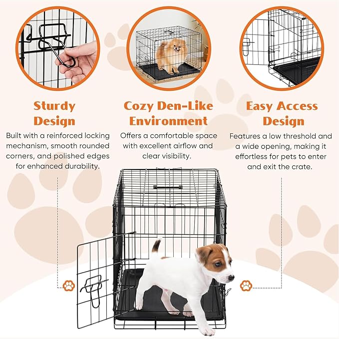 Sweetcrispy 30 Inch Single Door Dog Crate, Metal Pet Kennel with Secure Lock, Foldable Design, Removable Tray for Easy Cleaning, Portable Puppy Cage for Small Dogs, Ideal for Training & Travel