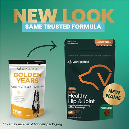 VetriScience Senior Healthy Hip & Joint Soft Chews, GlycoFlex Glucosamine, Green-Lipped Mussel, and Carnitine Joint Supplement for Dogs, Chicken, 120 Count