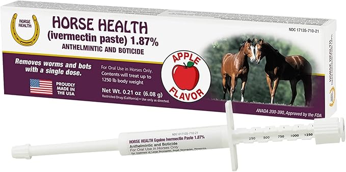 Horse Ivermectin Paste 1.87% – Apple Flavored Oral Equine Dewormer Syringe – 6.08g Tube Treats Horses Up to 1250 lbs (3-Pack)