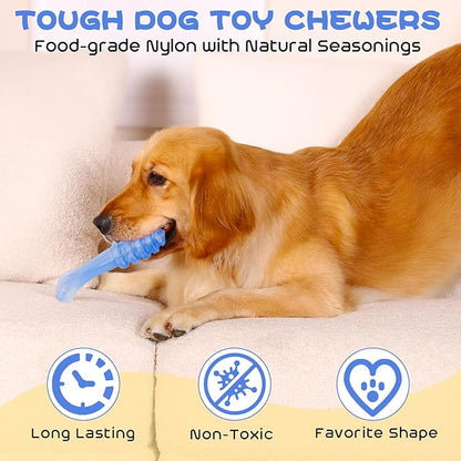 WinTour Indestructible Dog Toys for Aggressive Chewers 3 Pack, Tough Dog Toys for Medium and Large Dogs, Durable Dog Chew Toys for Aggressive Chewers to Keep Them Busy, Bacon Flavor, Blue