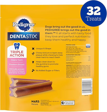 Pedigree Dentastix Dog Dental Treats, Dual Flavor Large Breed Dog Treats, Bacon & Chicken Flavor, 1.47 lb. Bag (32 Treats Total)